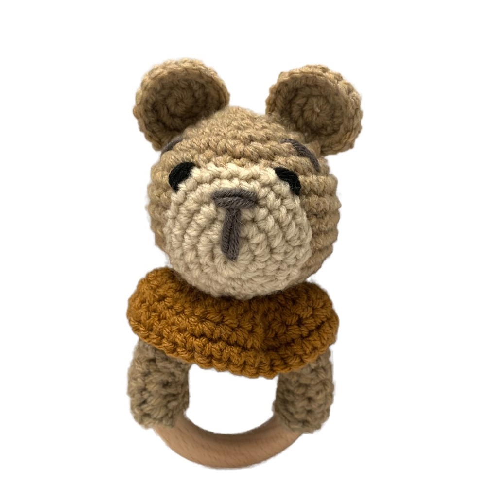 Handmade Crocheted Teething Bear Rattle with Beechwood Ring